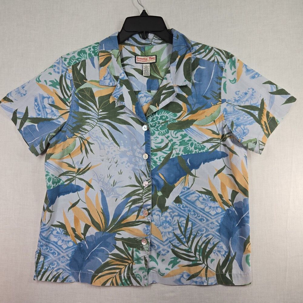 Jamaica Bay Womens Large Tropical Button Up Shirt Blue Green Short Sleeve Beach